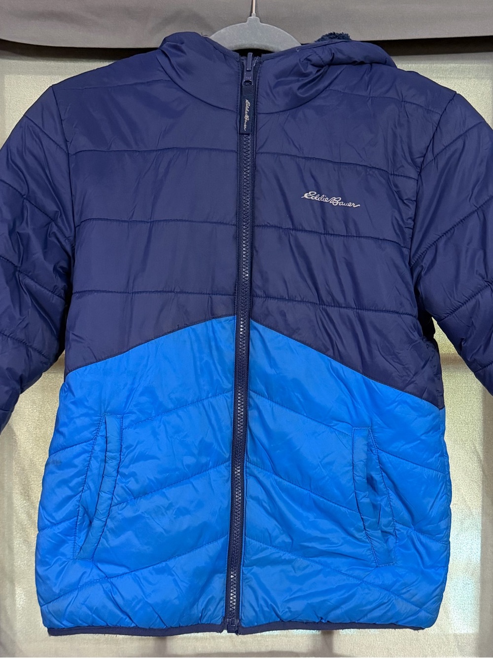 Eddie Bauer Kids Navy and Bright Blue Hooded Puffer